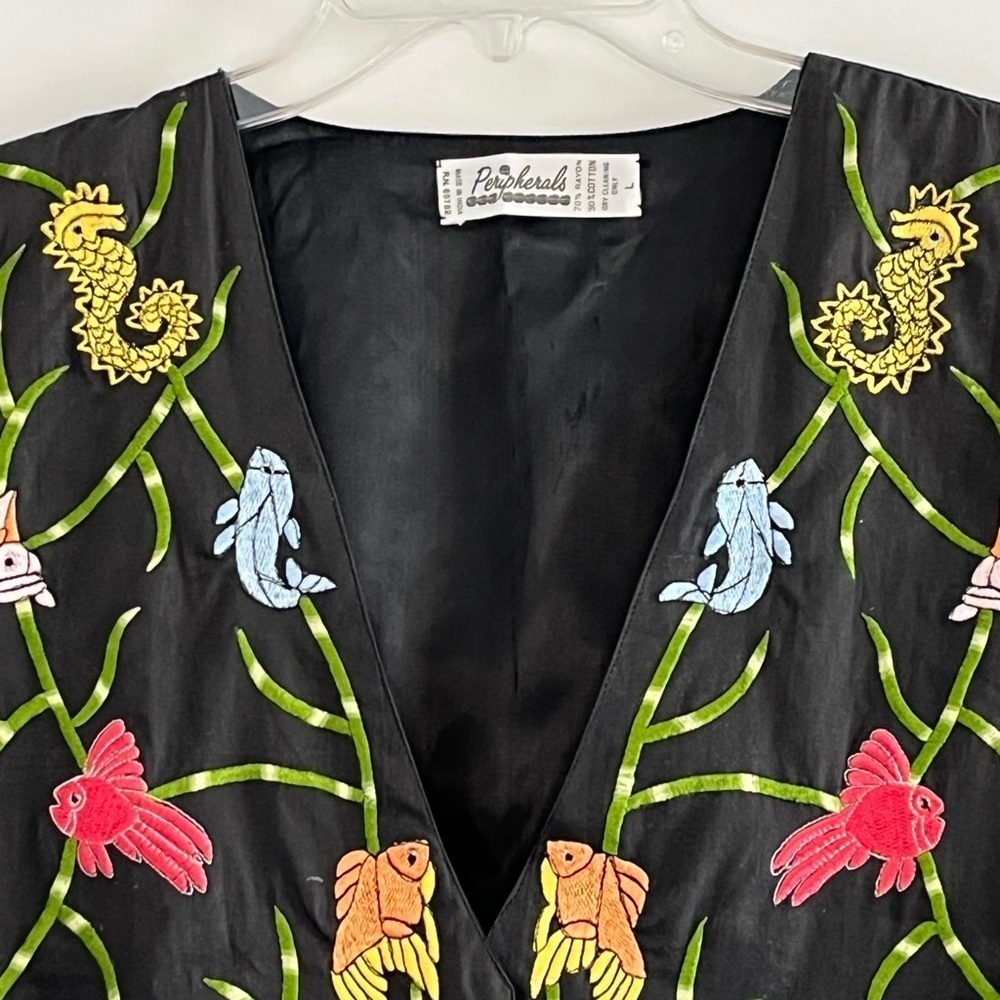 Colorful Embroidered Fish Black Satin Suit Vest Button Front Seahorse Novelty L - Picture 2 of 11